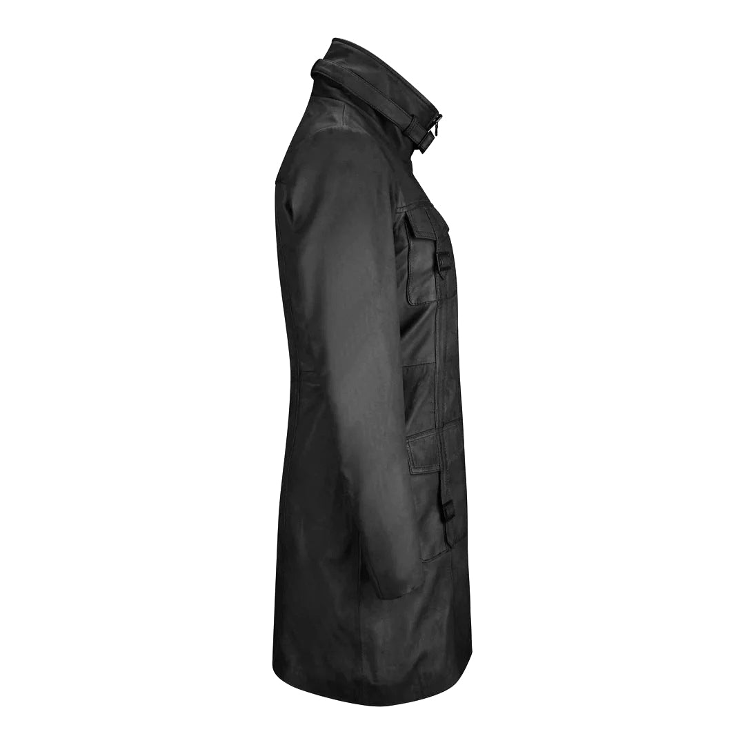 Women's Long Leather Coat, High Neck, Multiple Pockets, Full Zip Front | Black