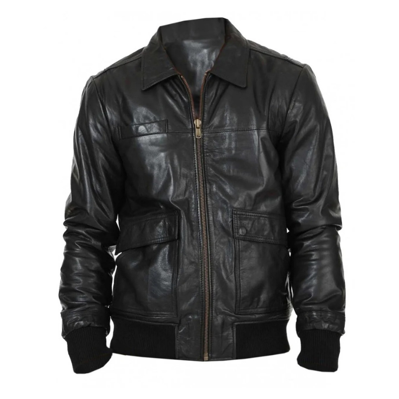 Men's Real Lambskin Leather Bomber Jacket | Black