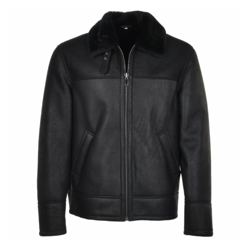 Men's Sheepskin Genuine Leather Jacket with Fur Collar | Black