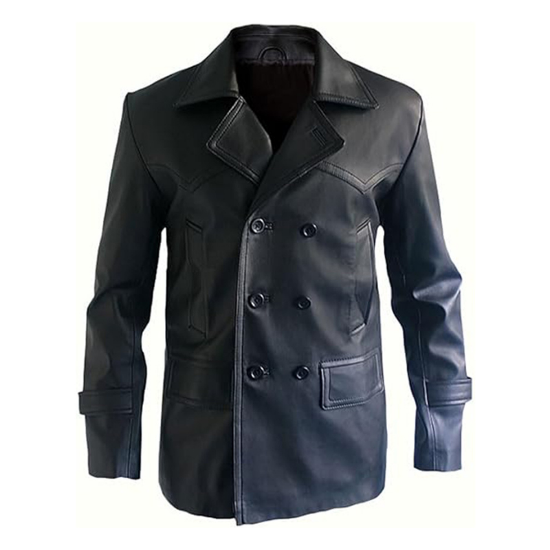Men's Dr Who Christopher 9th Dr Cosplay Coat, Double Breasted, German Naval, Leather Jacket | Black
