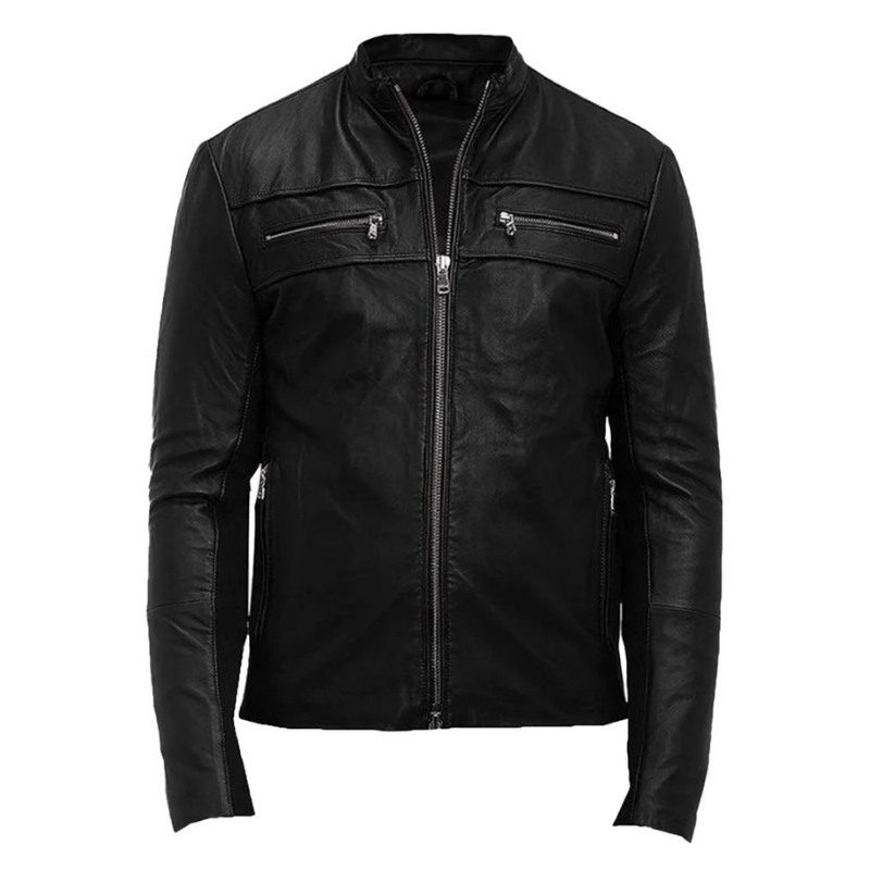 Men's Leather Biker Jacket,YKK Zipper Closure | Black
