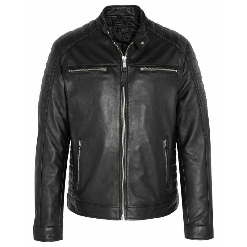 Men's Leather Jacket with Zippers and Quilted Shoulder | Black