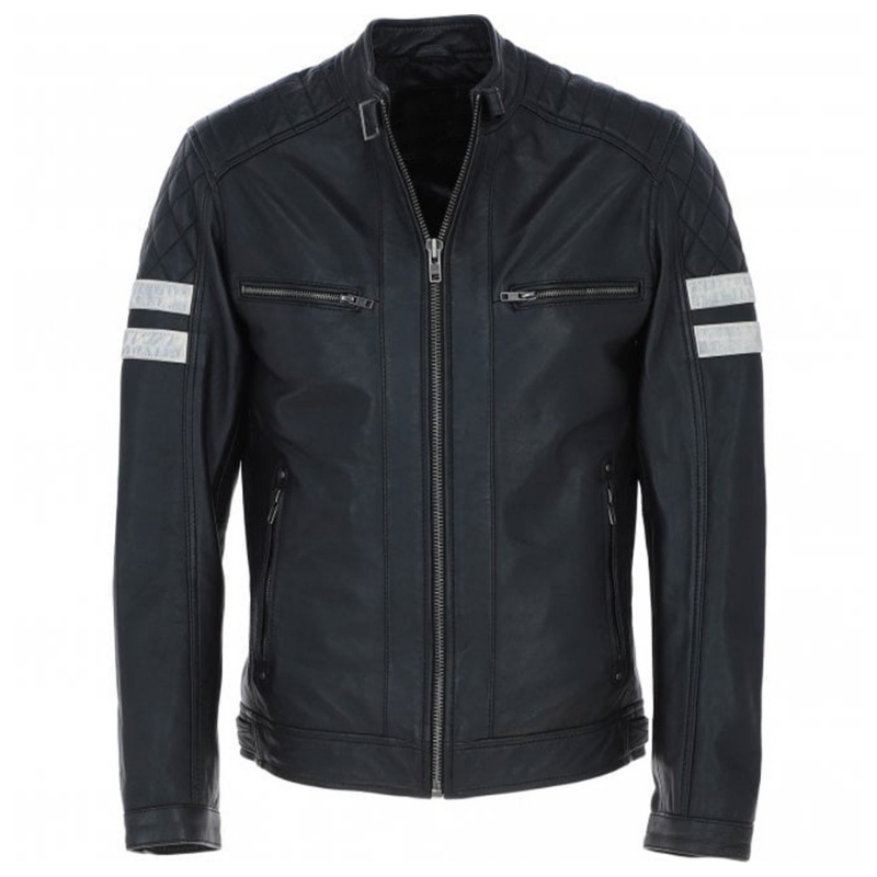 Men's Motorcycle Leather Jacket Quilted Shoulders, Full Zip | Black & Blue