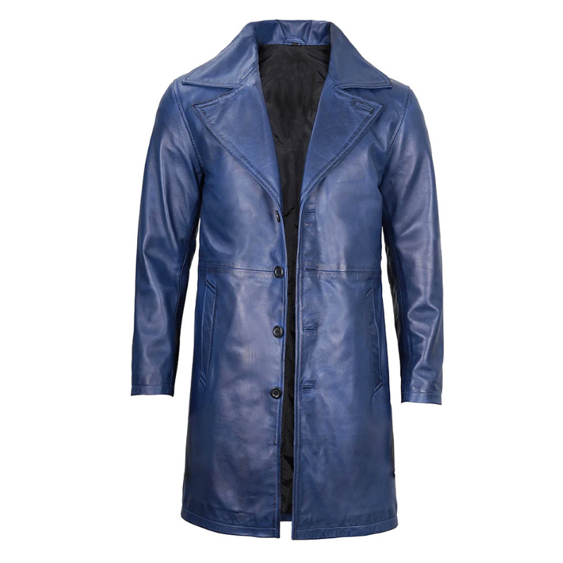 Men's 3/4 Length Trench Leather Coat | Navy Blue