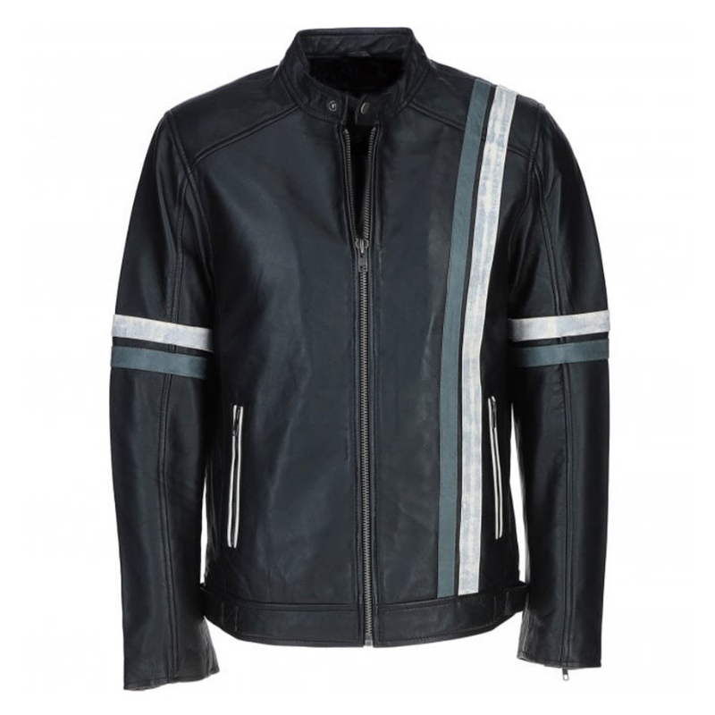 Men's Motorcycle Leather Jacket Gray & White Stripes | Blue & Black