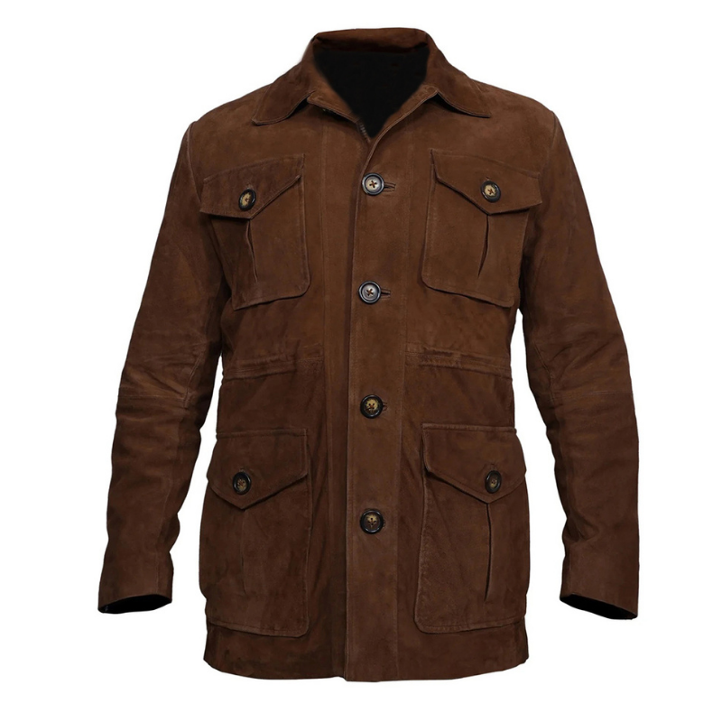 Men's Suede Leather Blazer Coat Multiple Pockets | Brown