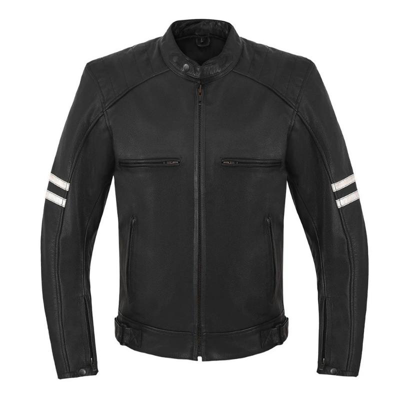 Men's Motor Cycle Leather Jacket with white Stripes Black Shoulders | Black