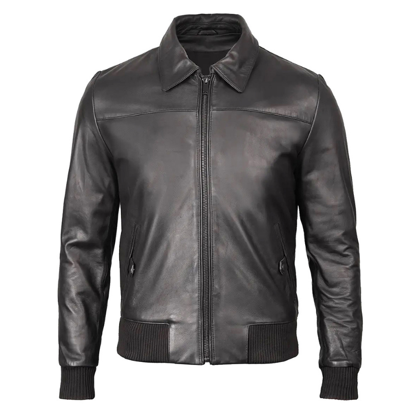 Men's Bomber Leather Jacket Ribbed Collar & Cuff | Black