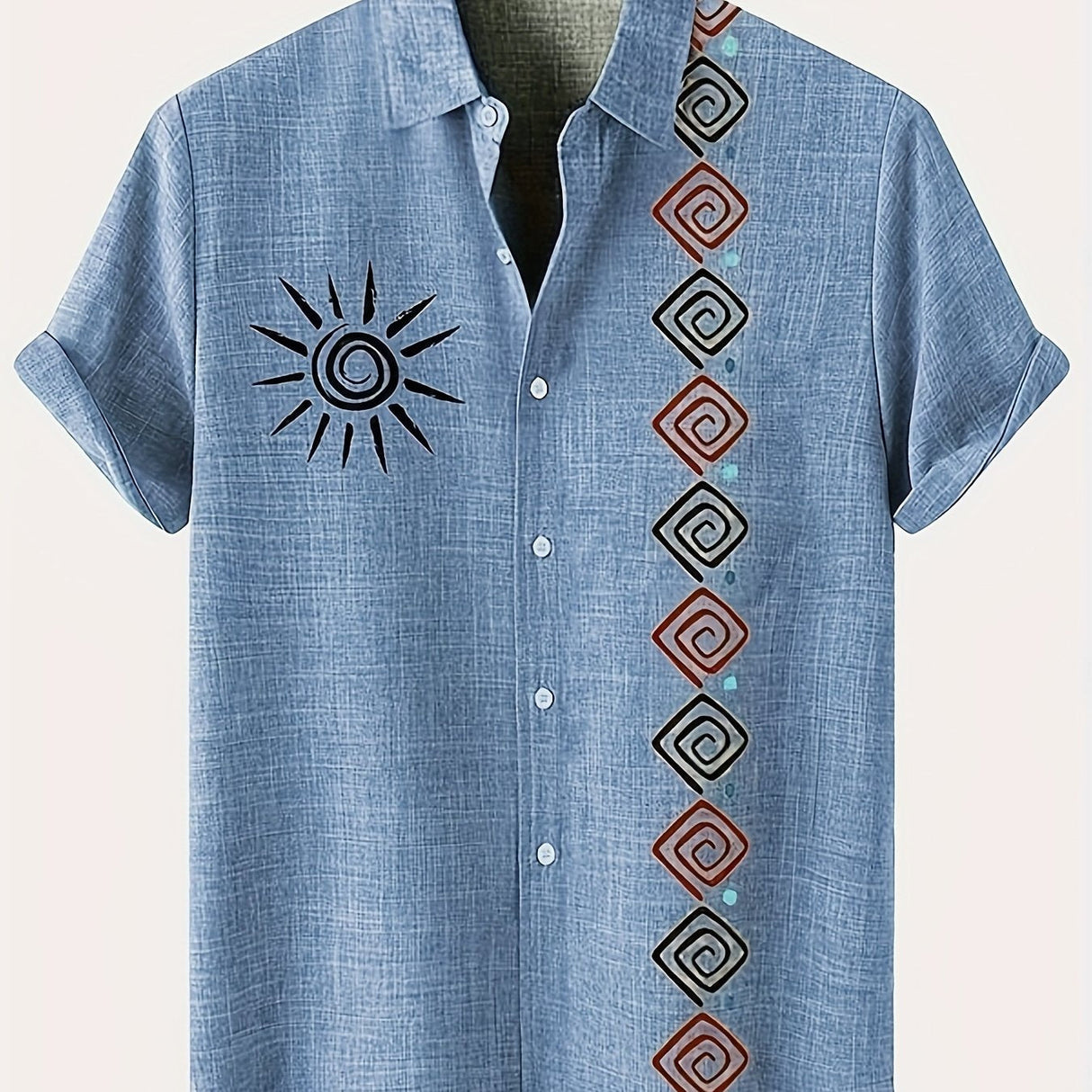 Men's Lightweight Short-Sleeve Linen-Look Shirt with Tribal Geometric Pattern