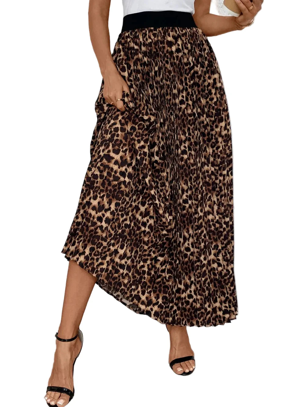 Perfee Pleated Leopard Maxi Skirt