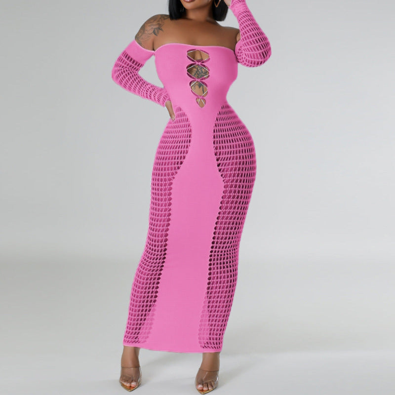 Solid Color Off-neck Sleeve Hollow Sexy Slim Fit One-piece Knitted Sheath Dress