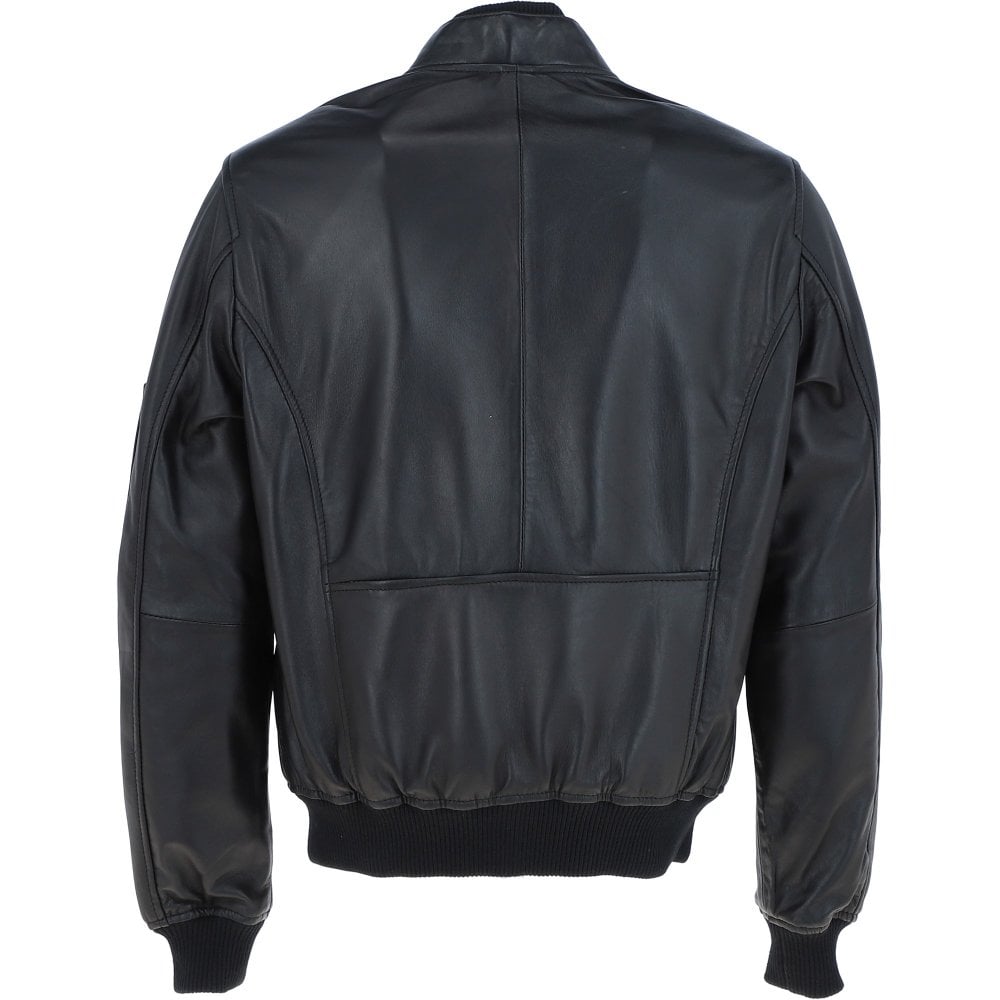 Men's Leather Bomber Jacket, Zip Front, Multiple Pockets | Black