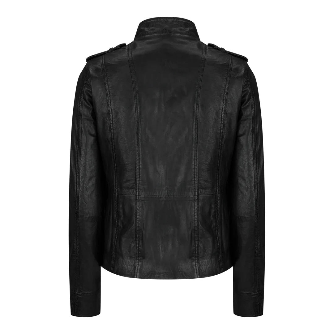 Women's Leather Motorcycle Jacket Multiple Zip Pockets Stand Collar | Black