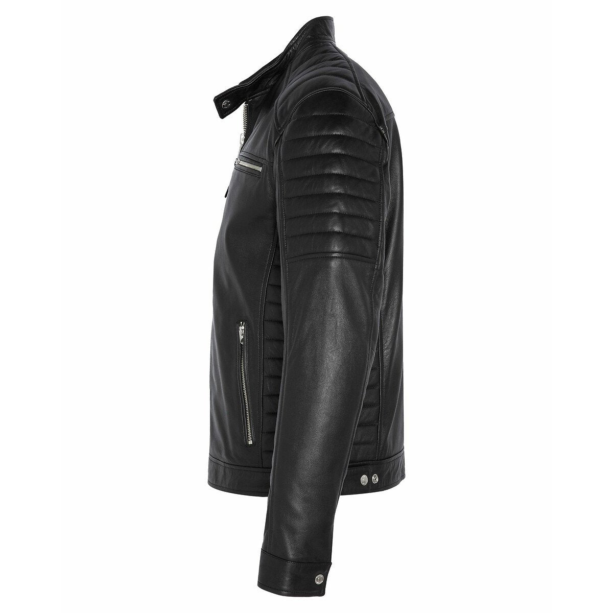 Men's Leather Jacket with Zippers and Quilted Shoulder | Black
