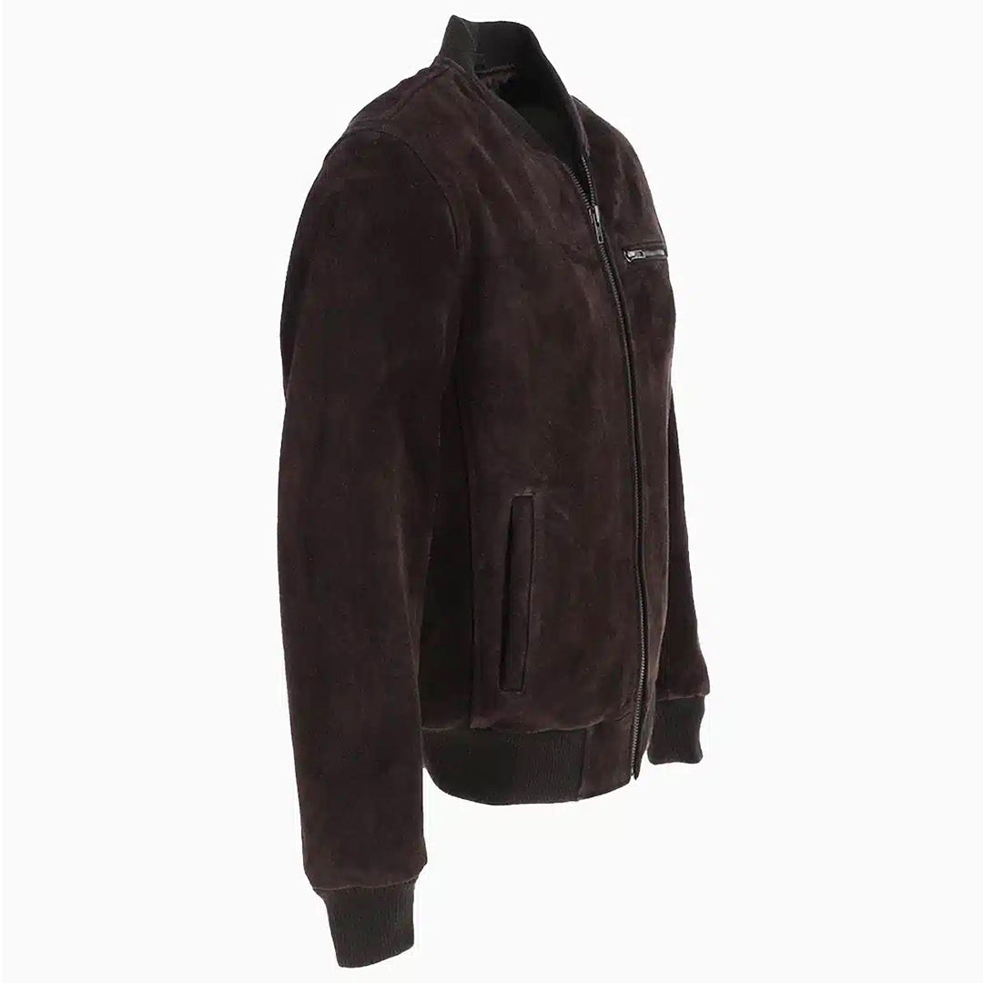 Men's Suede Bomber Jacket Leather, Full Zip Front with Chest Pocket | Brown