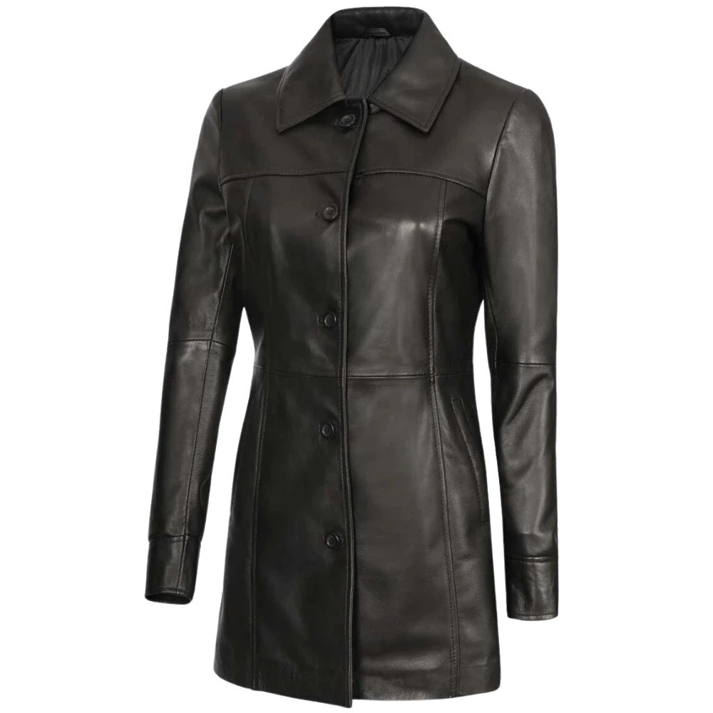 Women's Genuine Lambskin Leather Coat, 3/4 Length | Black