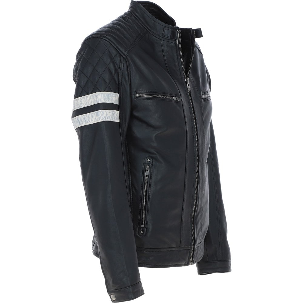 Men's Motorcycle Leather Jacket Quilted Shoulders, Full Zip | Black & Blue