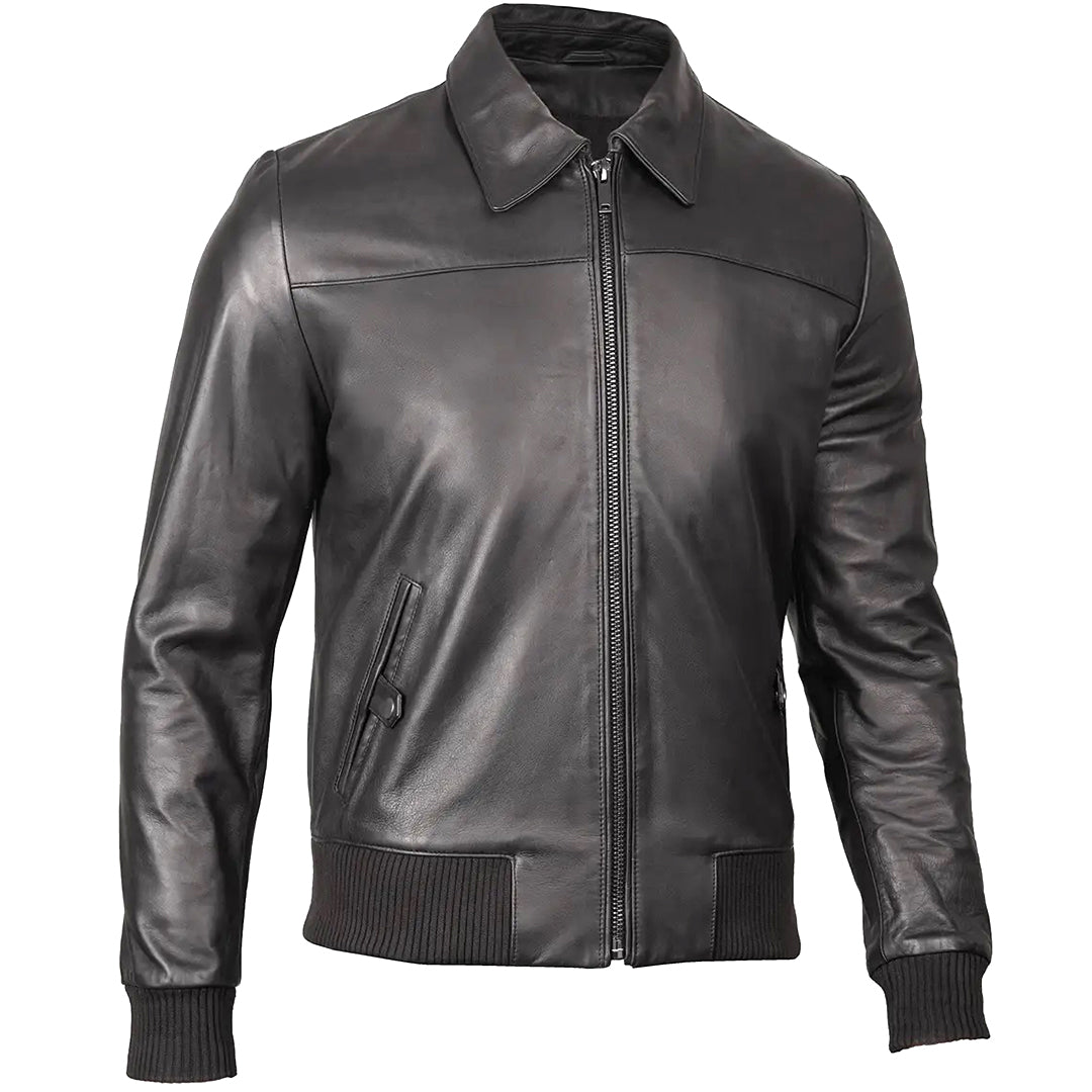 Men's Bomber Leather Jacket Ribbed Collar & Cuff | Black