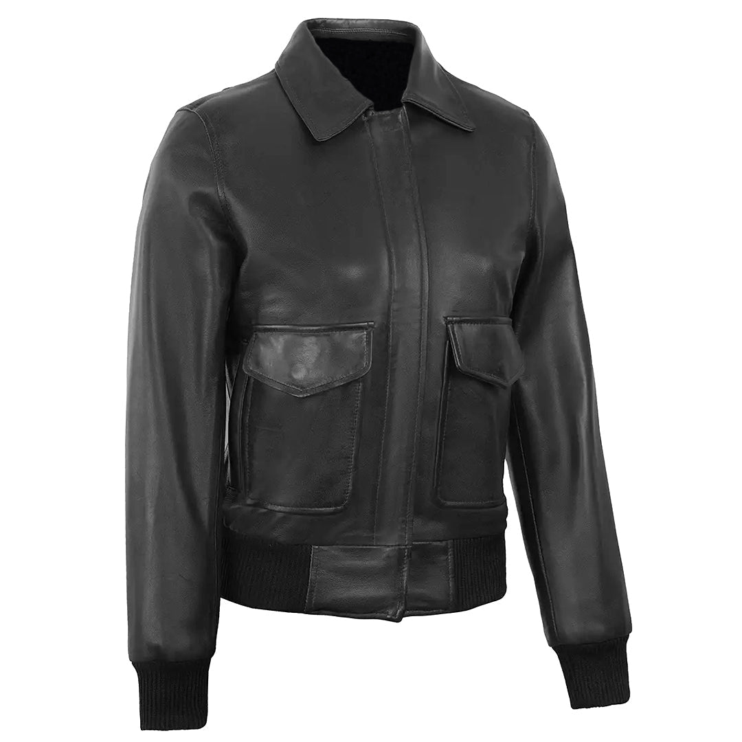 Women's Classic Leather Shirt Collar Bomber Jacket, Zip Front, Ribbed Trim | Black