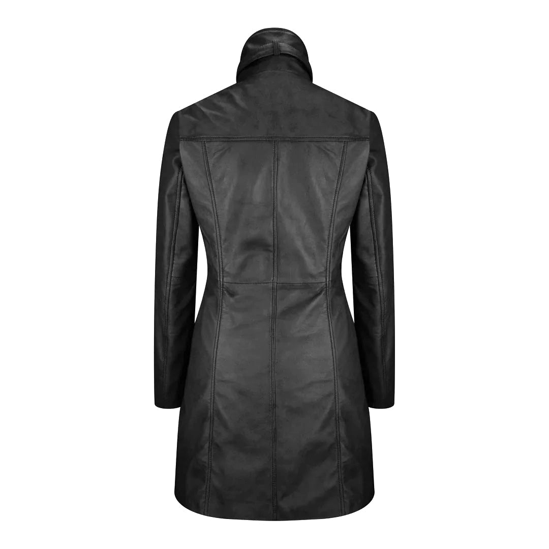 Women's Long Leather Coat, High Neck, Multiple Pockets, Full Zip Front | Black