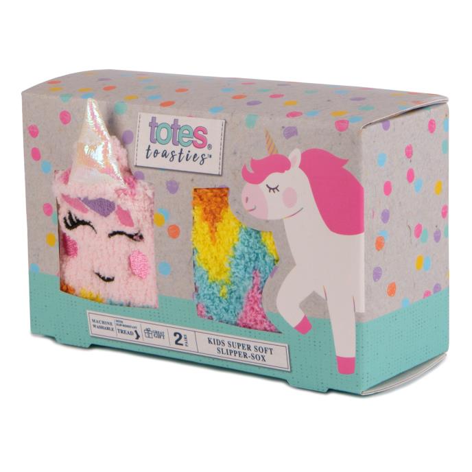 Totes Toasties SUPER SOFT SLIPPER SOCKS (TWIN PACK) Unisex Kids Socks Unicorn / Zig Zag