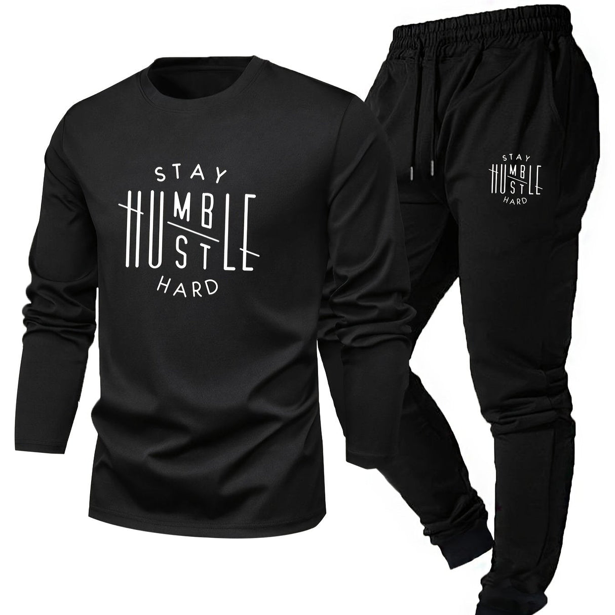 Men’s “STAY HUSTLE HARD” Long Sleeve T-Shirt & Jogger Set – 2-Piece Casual Outfit with Bold Print, Stretch Fabric, and Elastic Waistband for Spring/Fall
