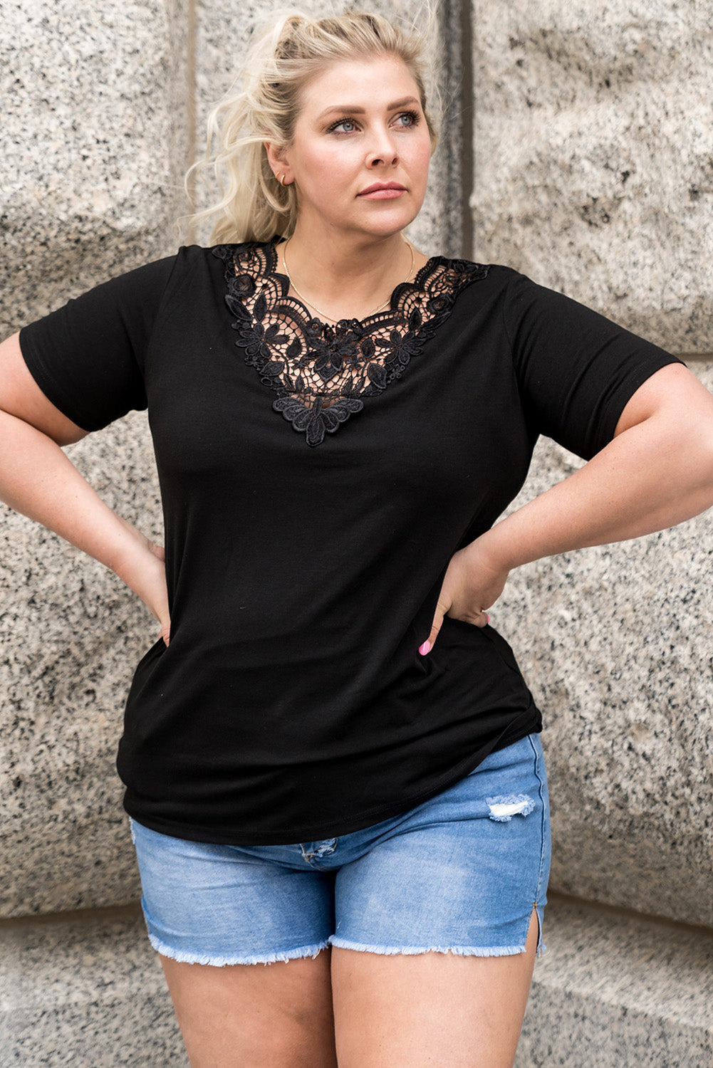 Black Plus Size Crochet Stitching Short Sleeve Top