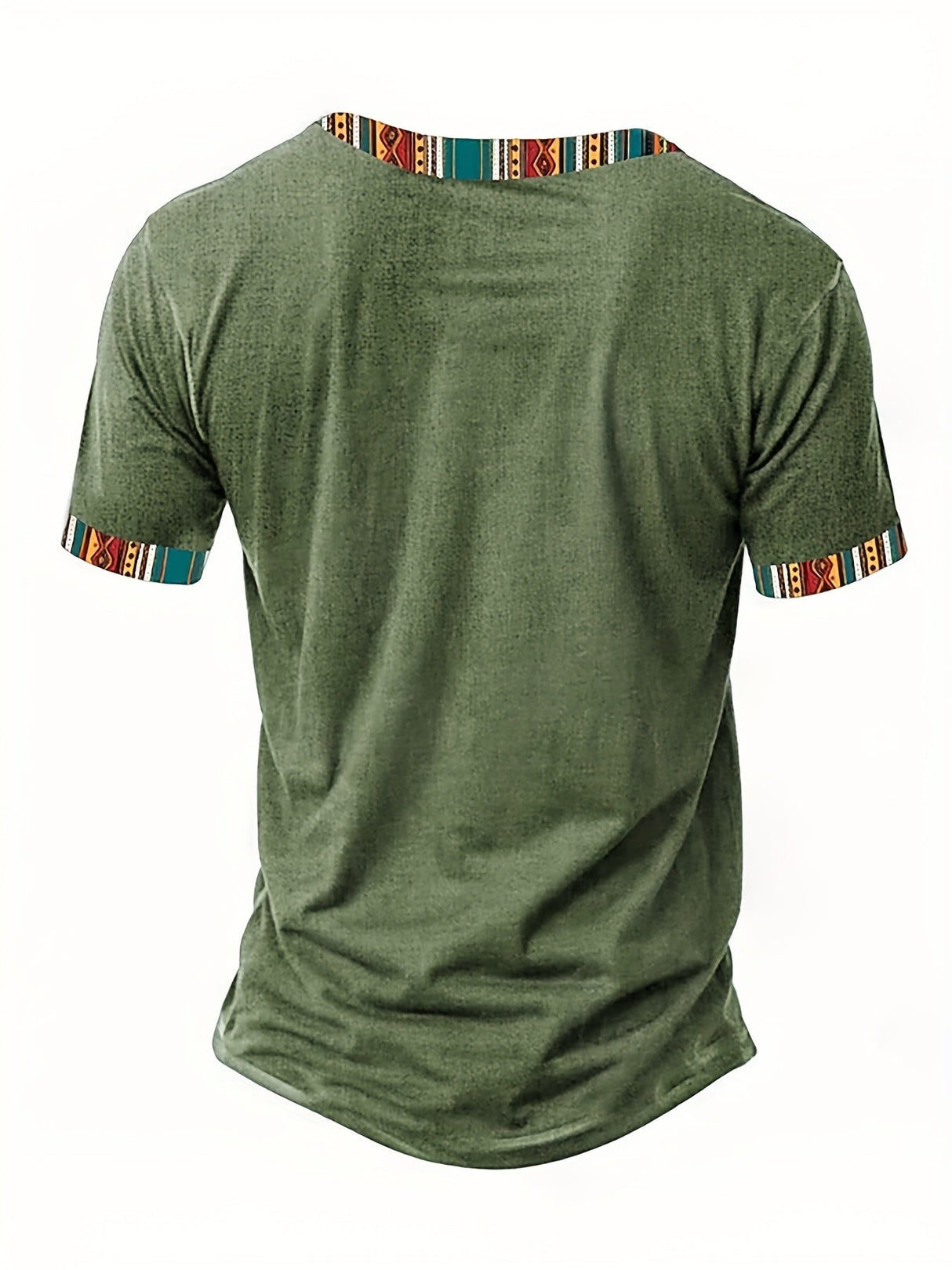 Men's Stylish Green Henley Shirt with Vibrant Tribal Pattern - Casual Short Sleeve V-Neck Tee for Summer, Polyester Knit Fabric, Casual V-neck Shirt
