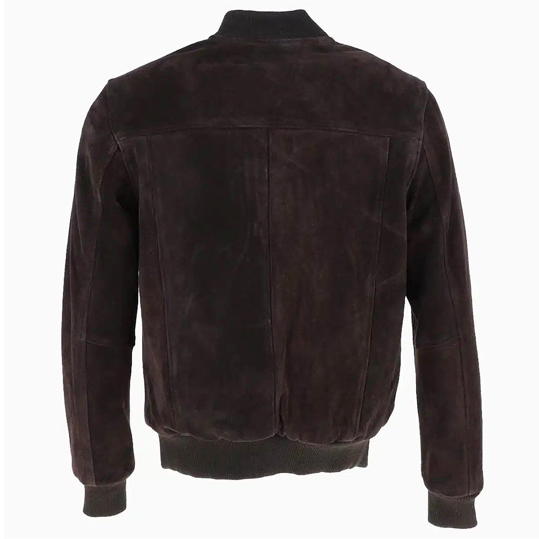 Men's Suede Bomber Jacket Leather, Full Zip Front with Chest Pocket | Brown