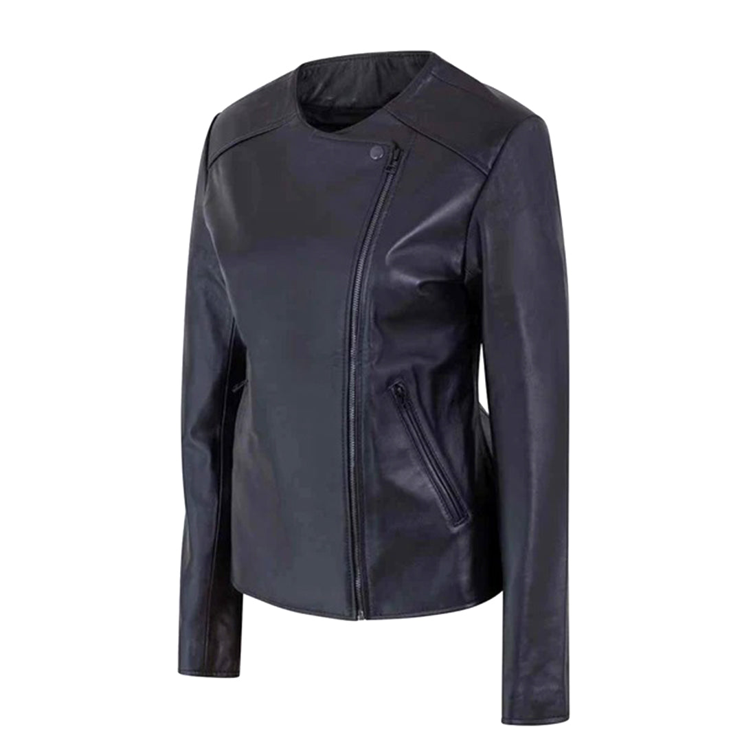 Women's Motorcycle Jacket Zip Front with Lapel Collar | Black