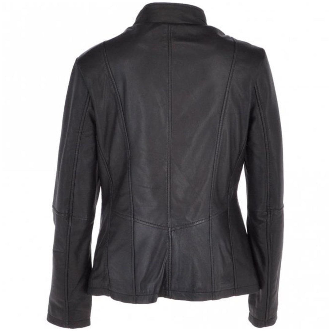Women's Biker Style Leather Jacket With Zip Front & Stand Collar | Black