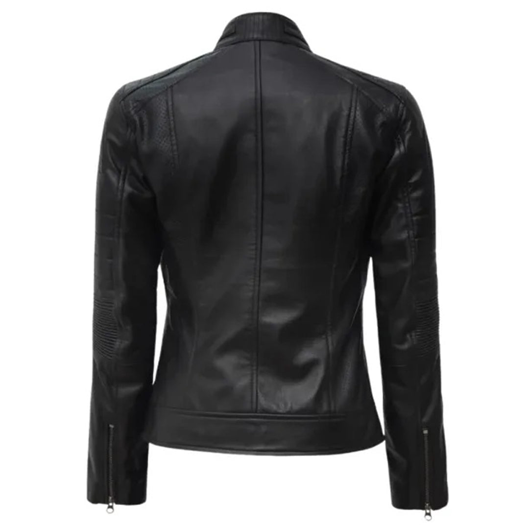 Women's Leather Cafe Racer Biker Jacket with Stand Collar, Padded Shoulders & Sleeves | Black