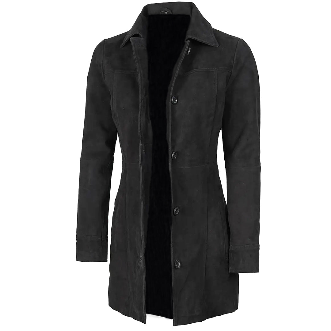 Women's Suede Leather Trench Coat Front Button | Black