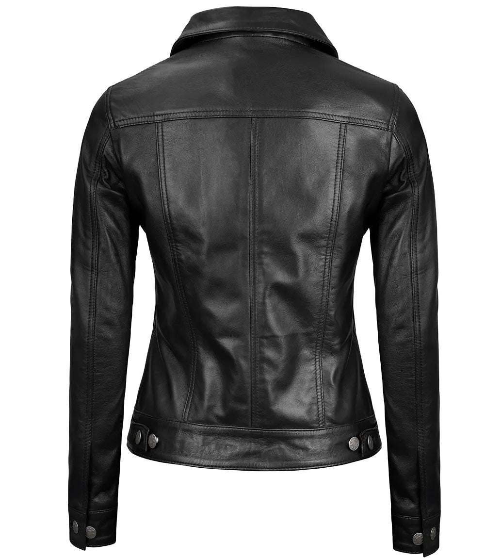 Women's Real Leather Cafe Racer Style Jacket | Black