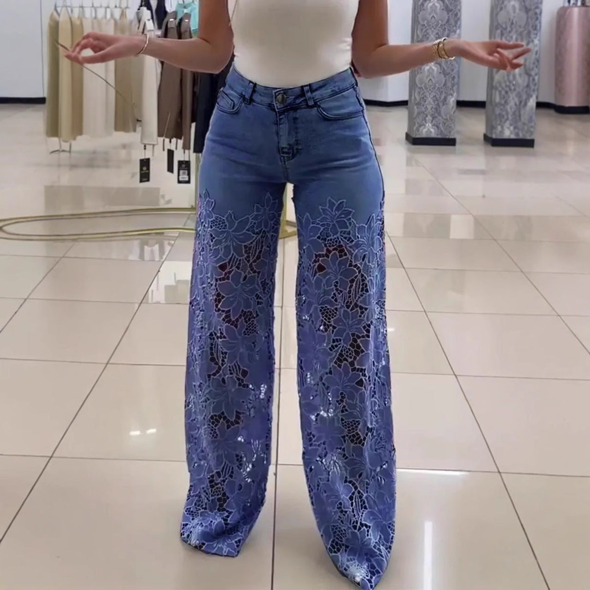 Women's Y2K High Waist Lace Hollow Out Wide Leg Jeans Floral Straight Leg Denim Trousers