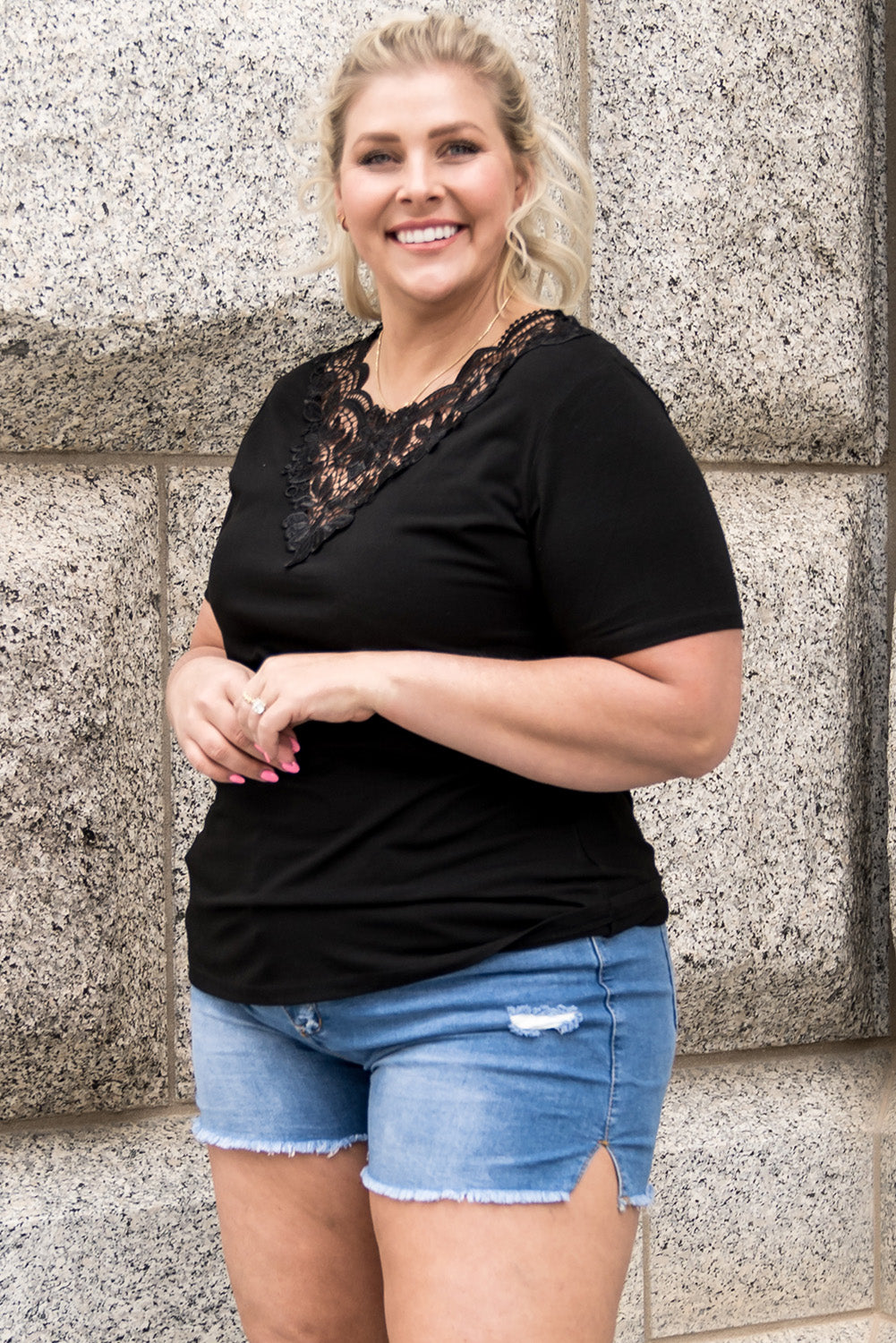 Black Plus Size Crochet Stitching Short Sleeve Top