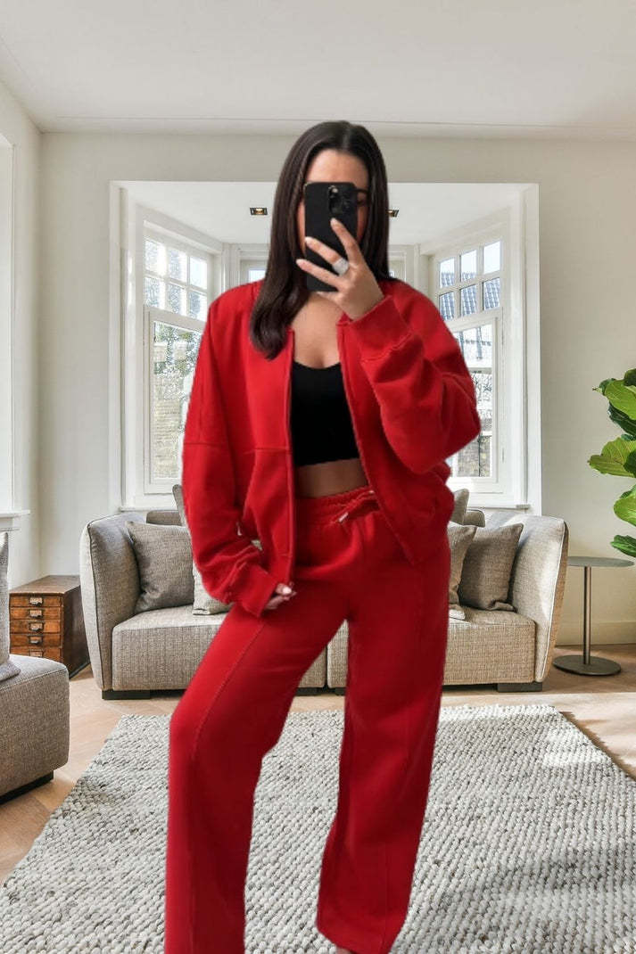 Women's Oversized Fleece Bomber Tracksuit Zipper Jacket & Wide-Leg Pants Set