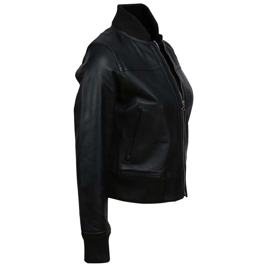 Women's Real Sheep Leather Motorcycle Bomber Jacket | Black