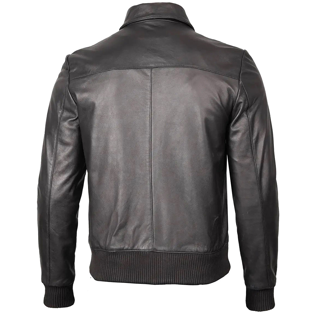 Men's Bomber Leather Jacket Ribbed Collar & Cuff | Black