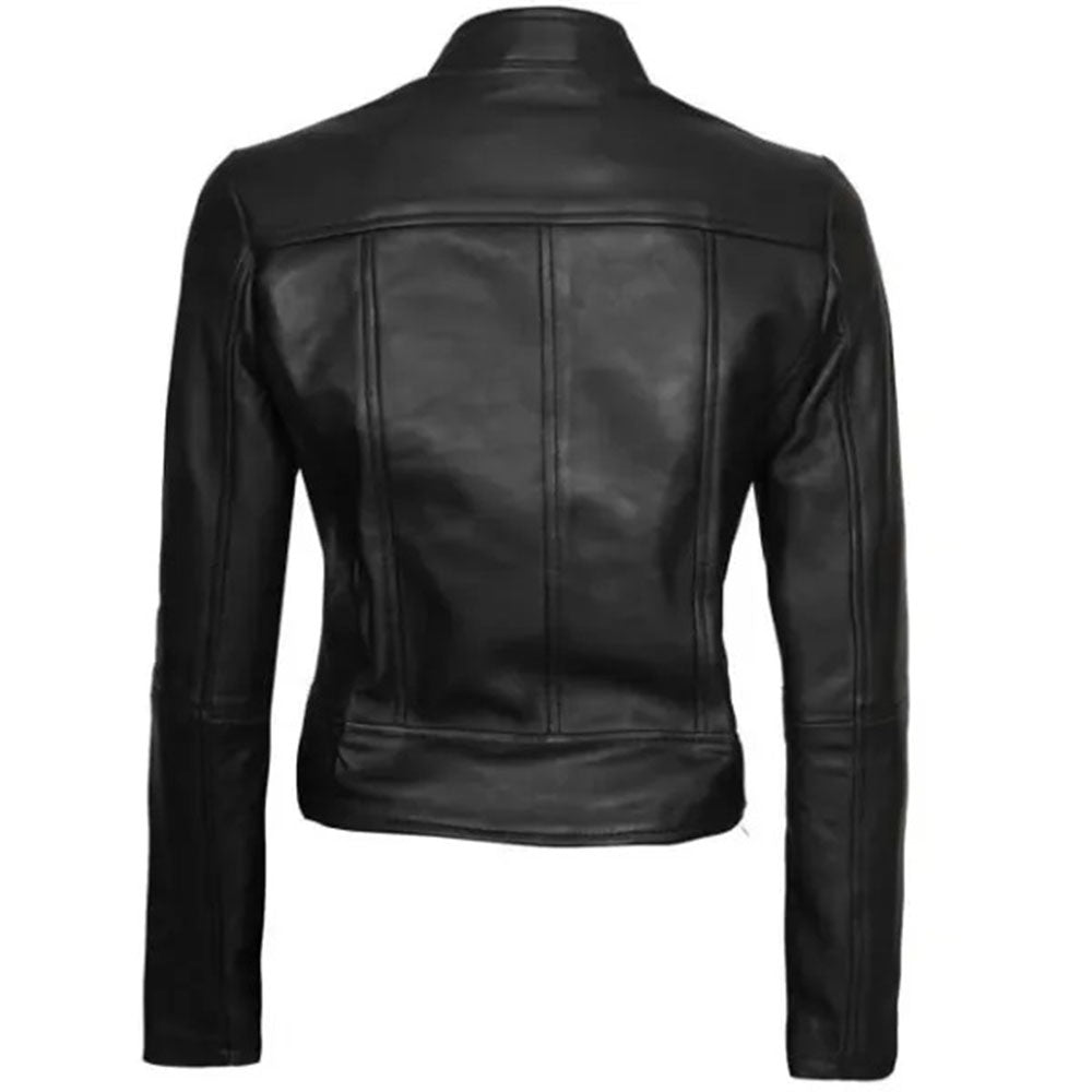 Women's Cafe Racer Motorcycle Leather Jacket, Stand Collar, Front Zipper | Black