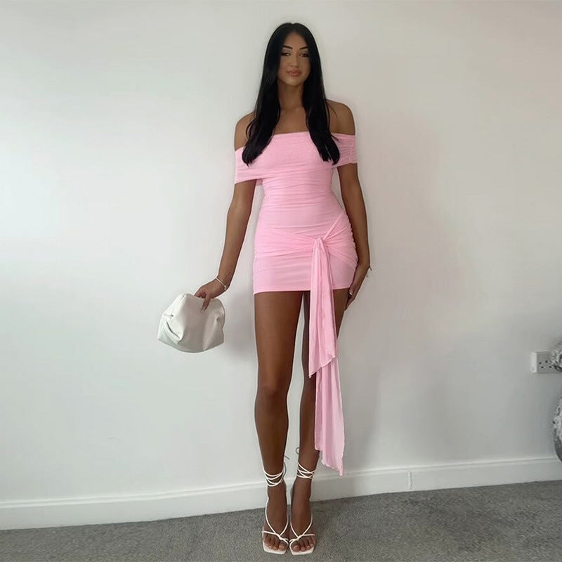 Mesh Patch Collar Solid Color Slim Fit Hip-wrapped Short Ribbon Dress