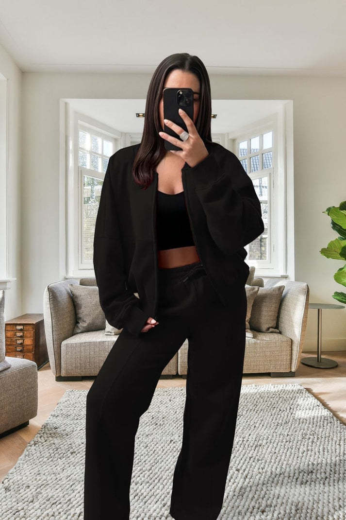 Women's Oversized Fleece Bomber Tracksuit Zipper Jacket & Wide-Leg Pants Set