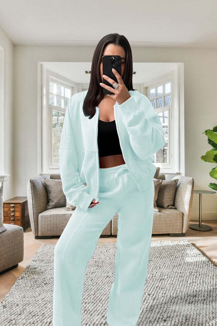 Women's Oversized Fleece Bomber Tracksuit Zipper Jacket & Wide-Leg Pants Set