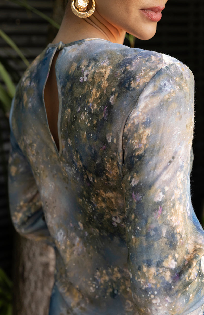 Dolly Fringe Sleeve Dress in Blue Print