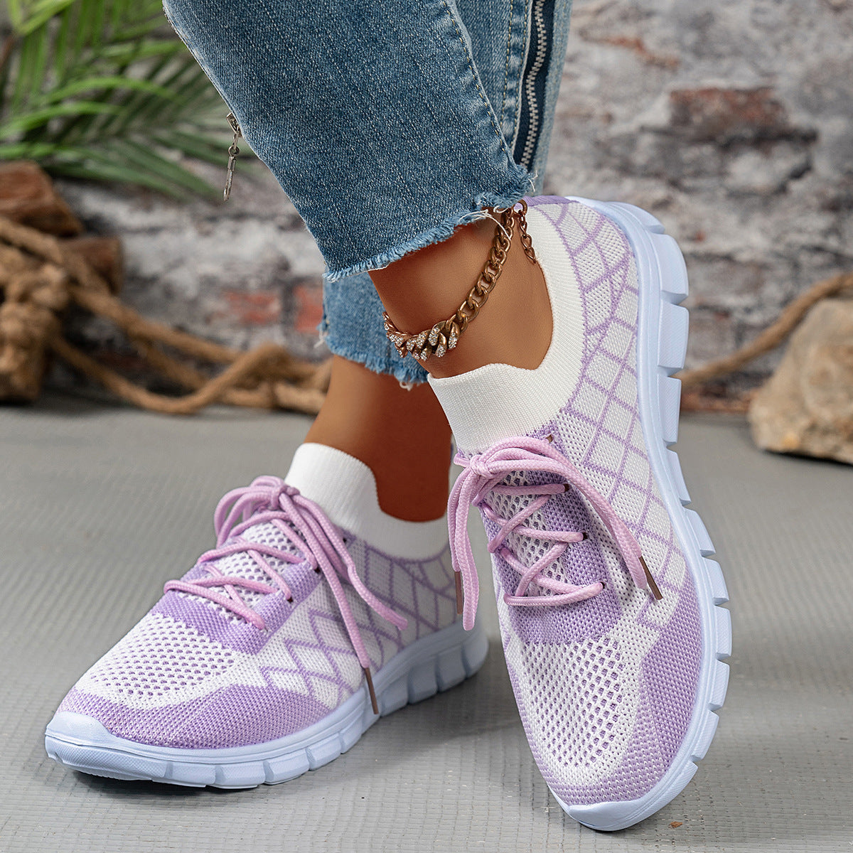 Women's Color block Plaid Fly knit Sneakers – Breathable Lace-Up Mesh Running & Walking Shoes