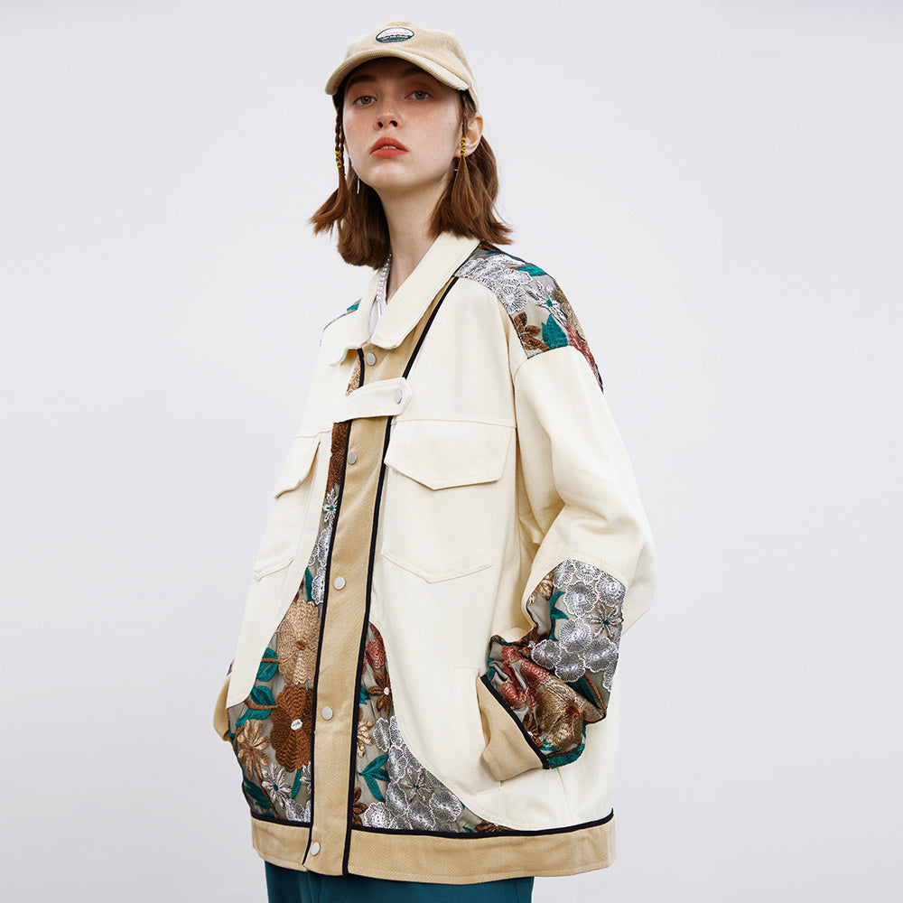 Unisex Stitching Lace Coat – Casual Khaki Jacket for Youth