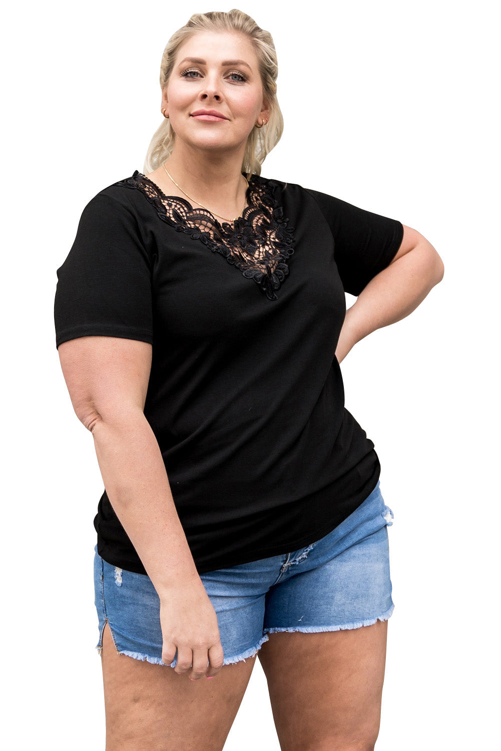 Black Plus Size Crochet Stitching Short Sleeve Top