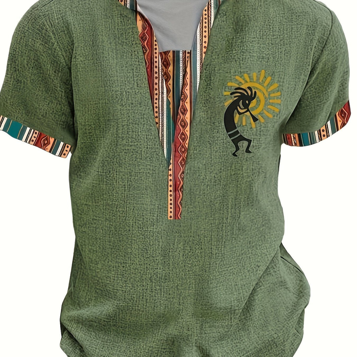 Men's Stylish Green Henley Shirt with Vibrant Tribal Pattern - Casual Short Sleeve V-Neck Tee for Summer, Polyester Knit Fabric, Casual V-neck Shirt