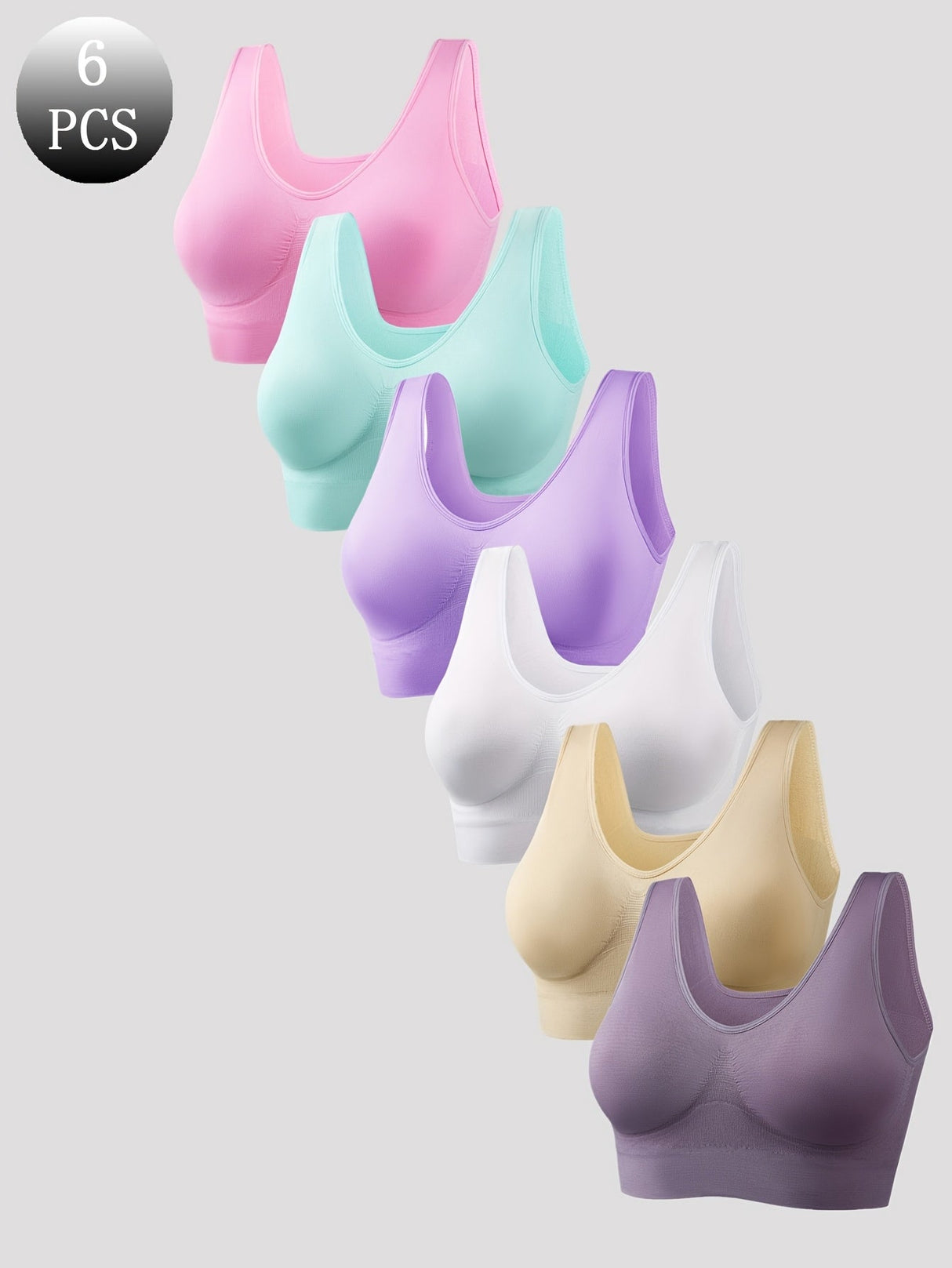 6pcs Women's Wire-Free Sports Bras - Breathable Medium Support No Padding Seamless Backless Design for Yoga Running