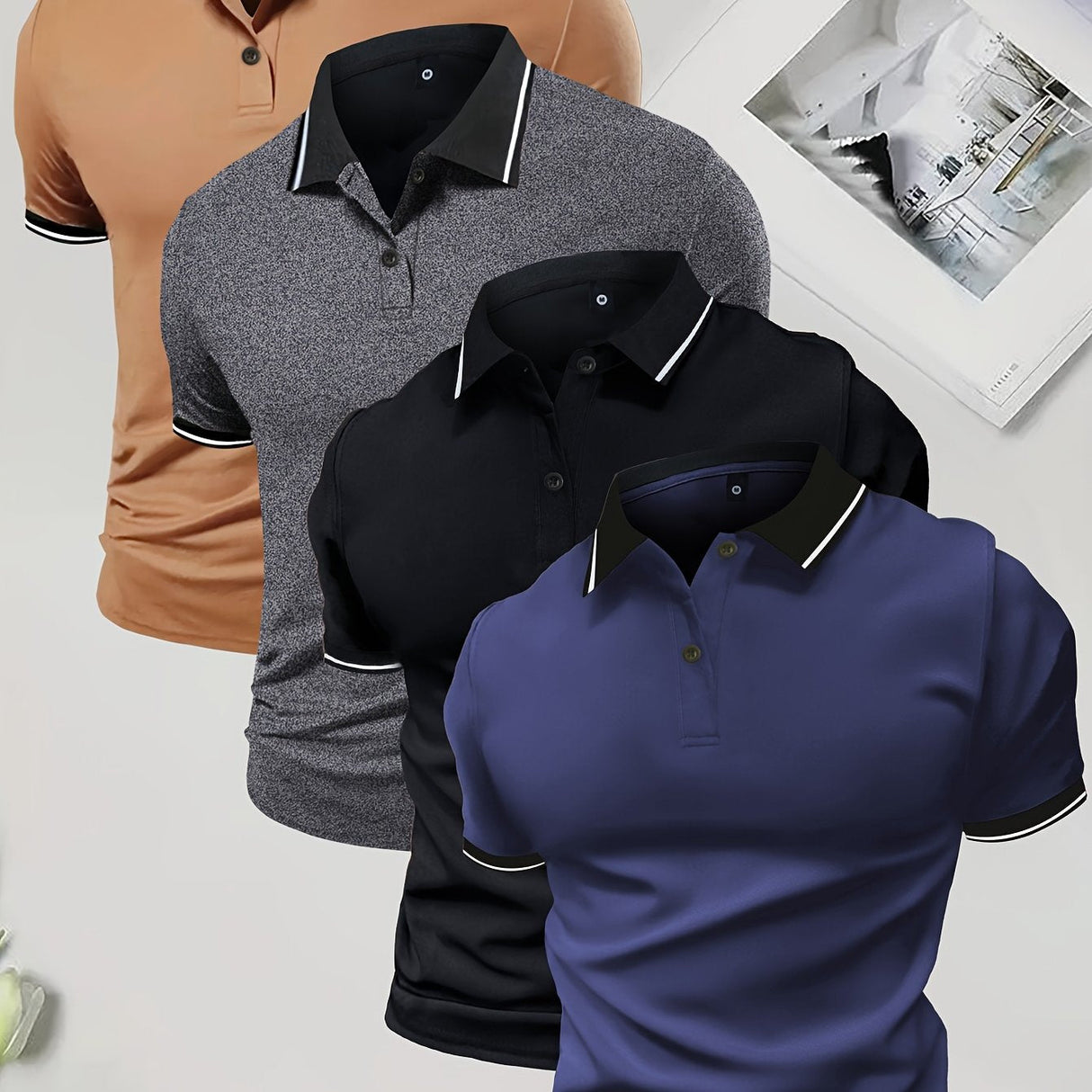 4-Pack Men's Summer Polo Shirts, Solid Color Short Sleeve, Regular Fit, Knit Stretch, Casual Sportswear Tops